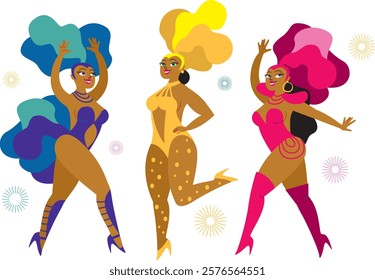 Beautiful samba dancers. Carnival showgirls dancing wearing colorful feather costumes. Flat vector characters