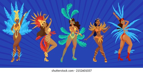 Beautiful Samba Dancers Cartoon Illustration Set. Girls In Carnival Costumes Dancing On Parade In Rio, Brazil. Female People On Blue Background. Hobby, Party, Entertainment Concept