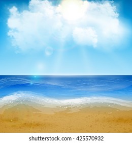 Beautiful sand of beach scene background with great weather. Vector illustration.