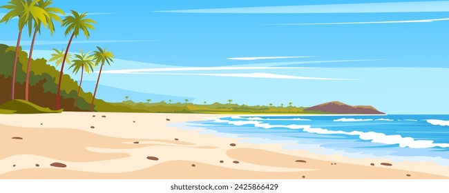 Hermosa playa de arena en una isla del paraíso. Paisaje de la playa, laguna soleada con palmeras, aguas azules del océano y naturaleza tropical. Ilustración vectorial para banner.