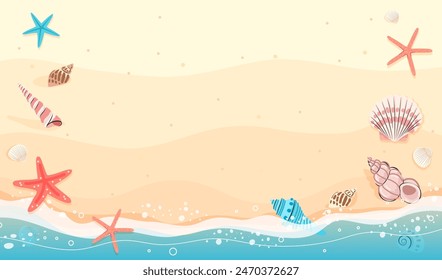 Beautiful sandy beach and seashells with copy space vector illustration. Summer beach background