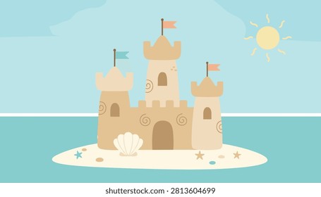 Beautiful sandy castle sits on a tiny island surrounded by blue water under a bright smiling sun.