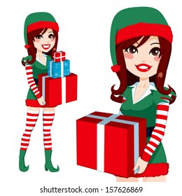 Beautiful Santa Claus Elf helper woman carrying Christmas presents