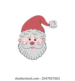 Beautiful Santa Claus head in red hat, with big beard isolated on white background. Hand drawn vector flat colored illustration. Merry Christmas and a Happy New Year. Character, symbol, winter