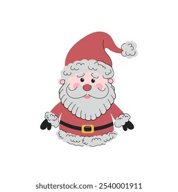 Beautiful Santa Claus in red costume, big beard isolated on white background. Hand drawn vector flat colored illustration. Merry Christmas and a Happy New Year. Character, symbol, winter