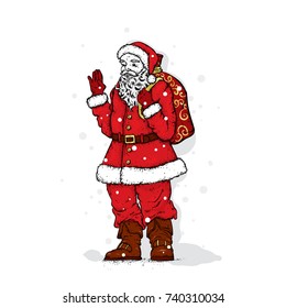 Beautiful Santa Claus in a smart suit. Vector illustration. New Year's and Christmas. Santa with a bag of gifts.