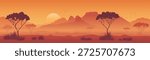 Beautiful savannah at sunset, landscape vector illustration. Amazing African savannah nature with mountains, trees, and bushes at sunset. African landscape for design and background.