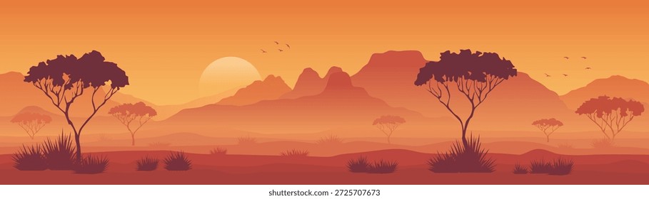 Linda savana ao pôr do sol, paisagem ilustração vetor. Surpreendente savana africana natureza com montanhas, árvores, e arbustos ao pôr do sol. Paisagem africana para design e fundo.