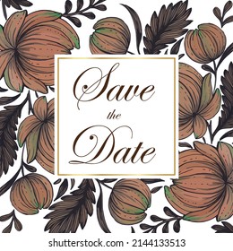 Beautiful save the date card with composition of hand drawn flowers and golden frame.