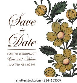 Beautiful save the date card with composition of hand drawn flowers and golden frame.