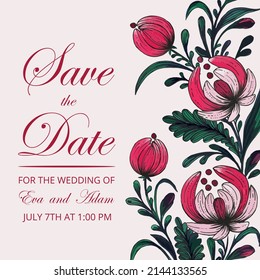 Beautiful save the date card with composition of hand drawn flowers and golden frame.