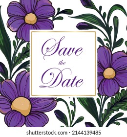 Beautiful save the date card with composition of ukrainian hand drawn flowers and golden frame.