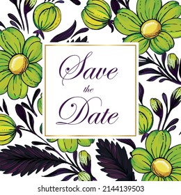 Beautiful save the date card with composition of ukrainian hand drawn flowers and golden frame.