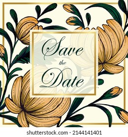 Beautiful save the date card with composition of ukrainian hand drawn flowers and golden frame.