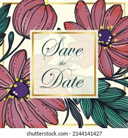 Beautiful save the date card with composition of ukrainian hand drawn flowers and golden frame.