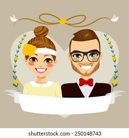 Beautiful Save The Date design composition showing brunette hipster couple portrait with empty banner