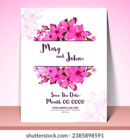 Beautiful Save the Date template or Wedding Invitation Card layout decorated with pink watercolor flowers.