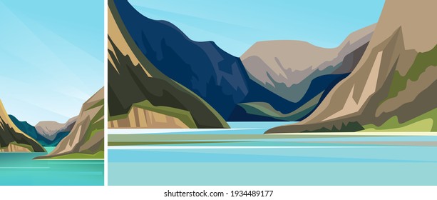 Beautiful scandinavian fjord. Set of natural landscapes in vertical and horizontal orientation.