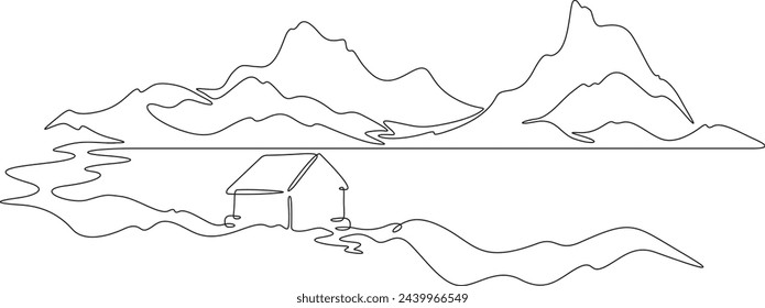 Beautiful Scandinavian landscape. House on the lake. Minimalism. Fjords. Mountainscape. One continuous line . Line art. Minimal single line.White background. One line drawing.