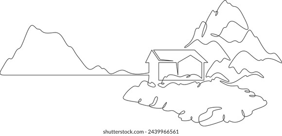 Hermoso paisaje escandinavo. Casa en el lago. Minimalismo. Fiordos. Paisaje montañoso. Una línea continua . Línea de arte. Una sola línea mínima. Fondo blanco. Dibujo de una línea.