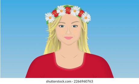 Beautiful scandinavian woman with flower wreath. Traditional scandinavian woman. Dimension 16:9. Vector illustration.