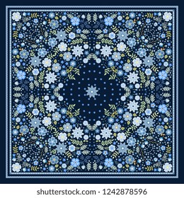 Beautiful scarf with blue flowers. Lovely tablecloth. Bandana print. Pillowcase. Print for fabric. Kerchief square design pattern in vector.