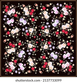 A beautiful scarf with bouquets of roses, cinquefoil and bacopa isolated on a black background in vector. Manton for flamenco. Spanish motives. Fashion accessory.