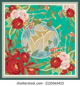 Beautiful scarf design with bouquet of roses vector.colorful flowers pattern on bluish green background.