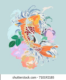 Beautiful scarf design koi fish with flower background.Colorful Koi carp with Water splash,lotus and peony flower.Japanese tattoo and illustration for coloring book.Asian traditional tattoo design.