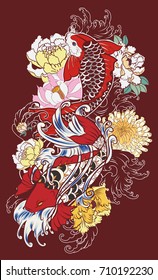 Hermoso diseño de bufanda, pez koi con fondo de flores. Colorida carpa Koi con salpicaduras de agua, loto y flores de peón. Tatuaje japonés e ilustración para libro de colorear. Diseño tradicional asiático de tatuajes.