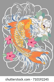 Beautiful scarf design koi fish with flower background.Colorful Koi carp with Water splash,lotus and peony flower.Japanese tattoo and illustration for coloring book.Asian traditional tattoo design.