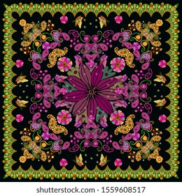 Beautiful scarf with floral and paisley ornament and decorative border. Lovely tablecloth. Bandana print. Pillowcase or napkin.