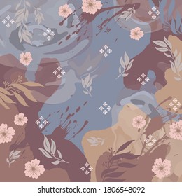 Hermoso patrón de bufanda con adorno floral en azul. Diseño del motivo hijab