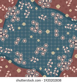 Beautiful scarf pattern with flower ornament on navy. Hijab design motif