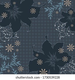 Schönes Schal-Muster mit Blatt und Blume auf marineblau. Hijab-Design