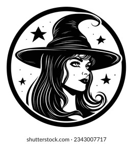 Beautiful and Scary Black and White Halloween Witch Silhouette