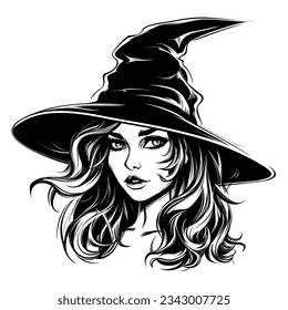 Beautiful and Scary Black and White Halloween Witch Silhouette