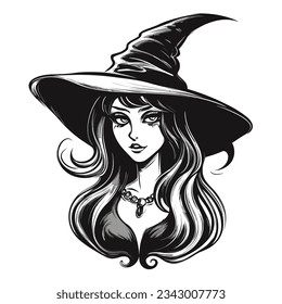 Beautiful and Scary Black and White Halloween Witch Silhouette