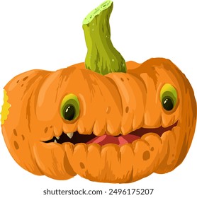 A beautiful scary pumpkin for Halloween with eyes and a half-open toothy mouth. Vector illustration An orange pumpkin with cute but frightening eyes. Someone bit off the side of this monster and