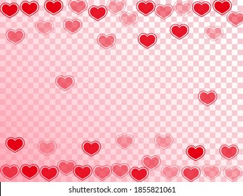 Beautiful scattered hearts falling valentine background. Modern February 14 backdrop. Ruby red hearts love emotion symbols isolated on white background. Birthday cute decor.