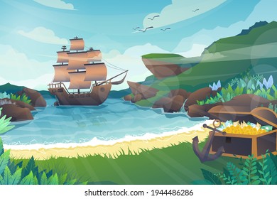 Beautiful scene of anchored Galleon floating in the sea of island. Surrounded by cliffs  And full treasure chest on the beach, nature with sunray and bird on sky, vector illustration
