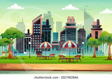 Beautiful scene of chair ana table with umbrella in nature park, cityscape in background, vector illustration