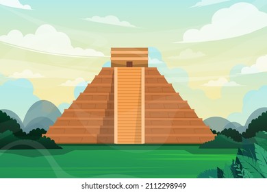 Beautiful scene of Chichen Itza in Mayan famous monument of Mexico, one of famous desert landmark tourist attraction design postcard or travel poster, Vector illustration.