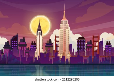 Beautiful scene with Chrysler Building and Empire State Building, World famous american tourist attraction symbol.International Architecture landmarks design postcard or travel poster, illustration. svg