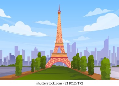 Beautiful scene with Eiffel Tower in Paris. World famous France tourist attraction symbol.International landmarks design postcard or travel poster, Vector illustration.