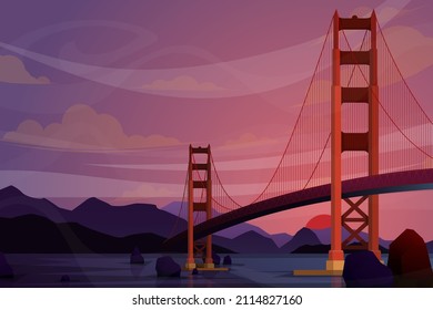 Beautiful scene with Golden Gate Bridge in San Francisco, World famous american tourist attraction symbol.International Architecture landmarks design postcard or travel poster, Vector illustration.