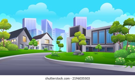 Beautiful Scene of house in town with nature park, green lawn, bush and trees vector illustration