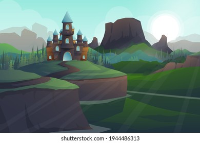 Beautiful scene of large castle in nature with sun rising over mountrain in the morning, lanscape vector illustration