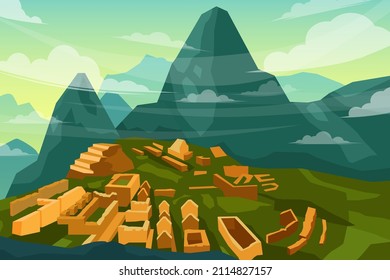 Schöne Szene von Machu Picchu in Peru berühmtes Denkmal Historisches Wahrzeichen in Südamerika, touristische Attraktion Design Postkarte oder Reiseplakat, Vektorgrafik.