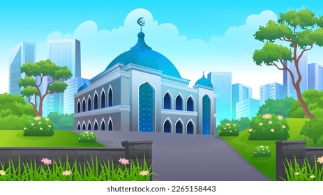 Beautiful Scene of mosque with green lawn and skyscrapers vector illustration